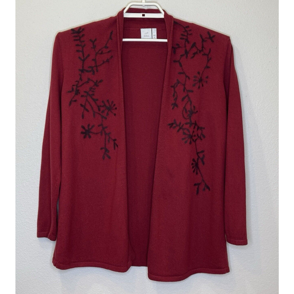 J.Jill Open Front Sweater Cardigan Womens Sz Medium Red Black Long Sleeve Knit